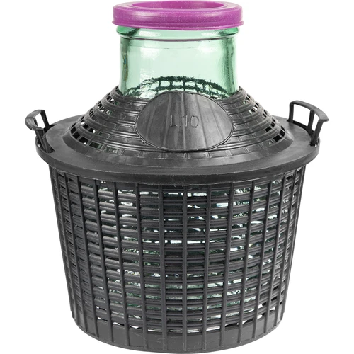 10 L vīna damadžāna ar platu kakliņu plastmasas grozā