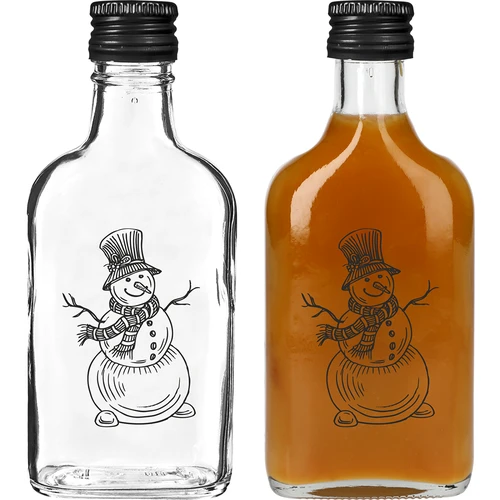 Plakanā stikla pudele 200 ml ar skrūvējamu korķi, apdruka „Sniegavīrs”, 1 gab. - 2