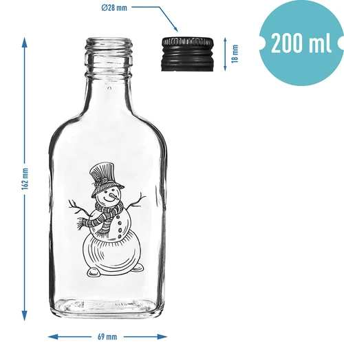 Plakanā stikla pudele 200 ml ar skrūvējamu korķi, apdruka „Sniegavīrs”, 1 gab. - 5
