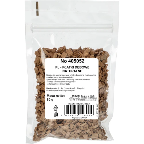 Dabīgas ozolkoka skaidas alkoholisko dzērienu aromatizēšanai (viskijam, baltvīnam), 50 g - 2