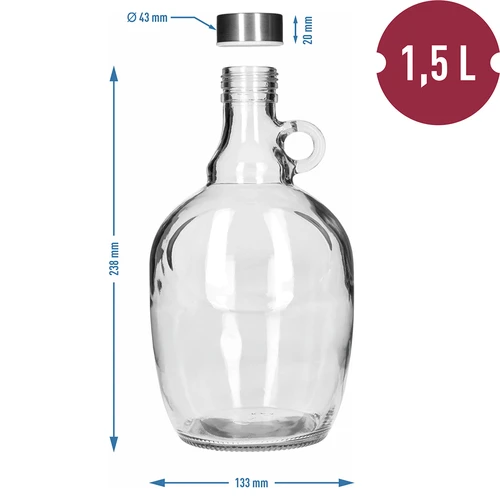 Demižons Dama 1,5 l, ar metāla skrūvējamo vāciņu Ø 43 mm un rokturi - 5