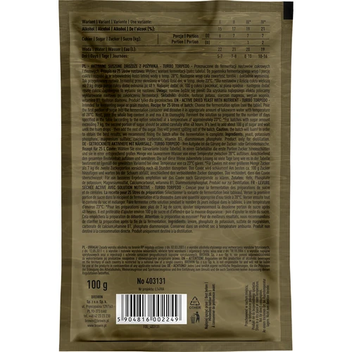 Destilācijas turbo raugs Turbo Torpedo 5–7 dienas 21% 100 g - 2