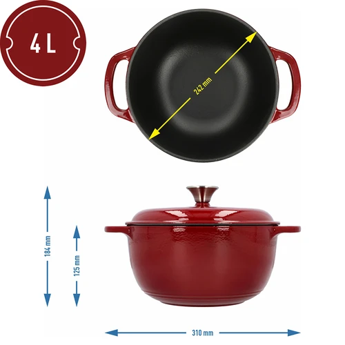 Emalēts čuguna katls - bordo, 4 l - 4