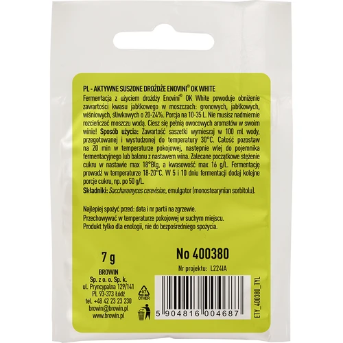 Enovini® OK WHITE - vīna raugs, kas samazina skābumu, 7 g - 2