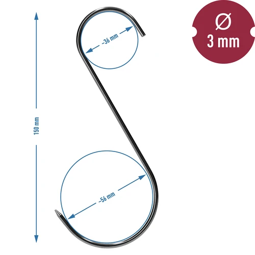 Kūpināšanas āķi - S veida, ar asinātiem galiem, 3 mm x 150 mm, 5 gab. - 6