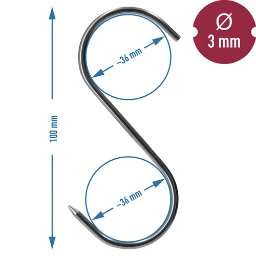 Kūpināšanas āķi - S veida, asināti, 3 mm x 100 mm, 5 gab. - 6