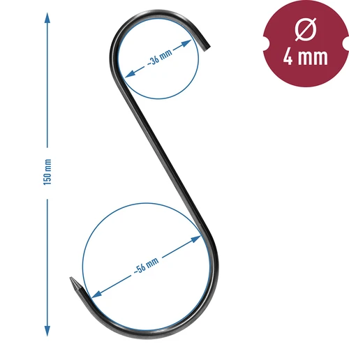 Kūpināšanas āķi - S veida, asināti, 4 mm x 150 mm, 5 gab. - 6