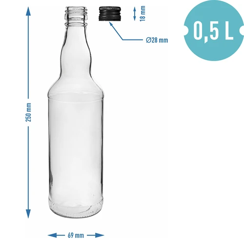 Pudele 500 ml degvīnam, ar melnu skrūvējamu vāciņu, 6 gab. - 5