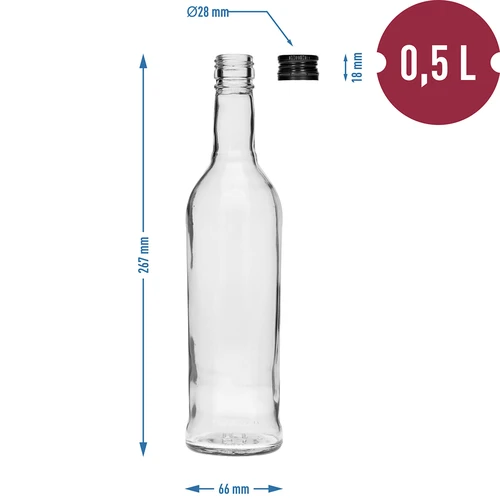 Pudele 500 ml Slaida, ar melnu skrūvējamu vāciņu, degvīnam, 6 gab. - 7