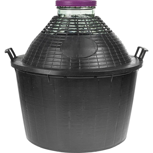 Vīna damadžāna 34 l ar platu kakliņu plastmasas grozā.